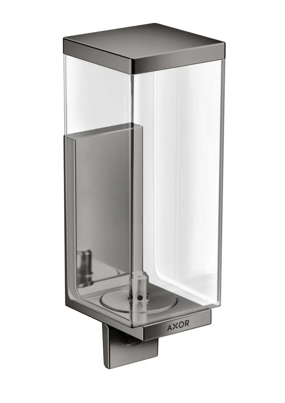 Transparenter Lotionenspender mit polierter schwarzer Chromoberfläche, an der Wand montiert, mit brandmarkierter Fläche von AXOR.